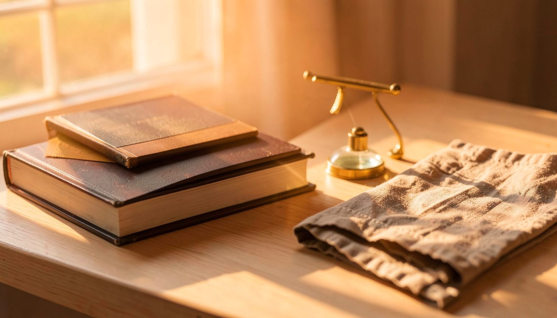 Still life of stacked notebooks, a brass paperweight, and a folded linen cloth on a pale wood desk, in warm neutral tones.